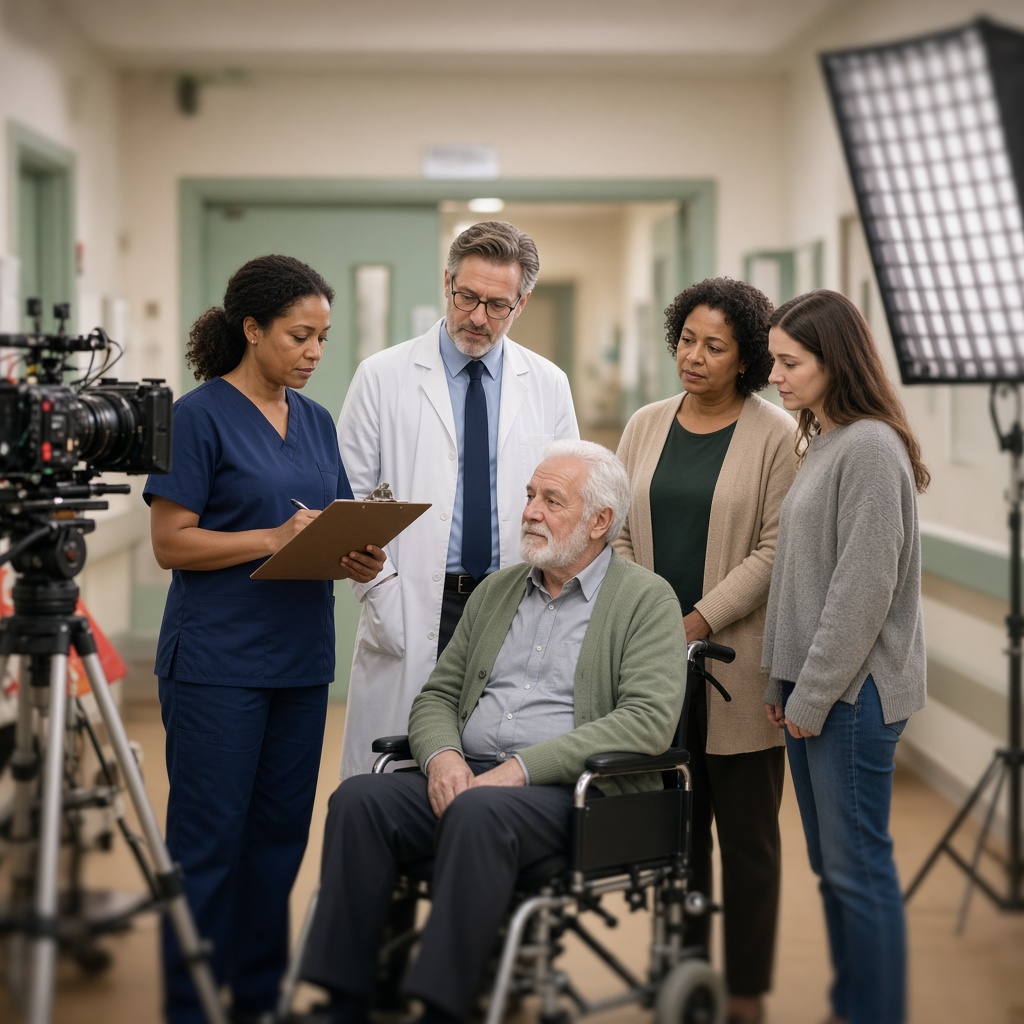 Extras on a hospital film set, gathered in a corridor beside a camera and studio light